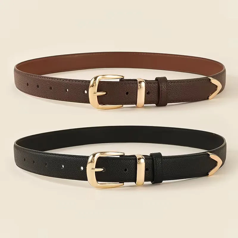 Women's Leather Belt with Gold-Tone Buckle and Lychee Texture