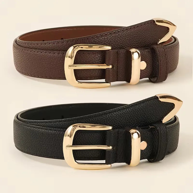 Women's Leather Belt with Gold-Tone Buckle and Lychee Texture