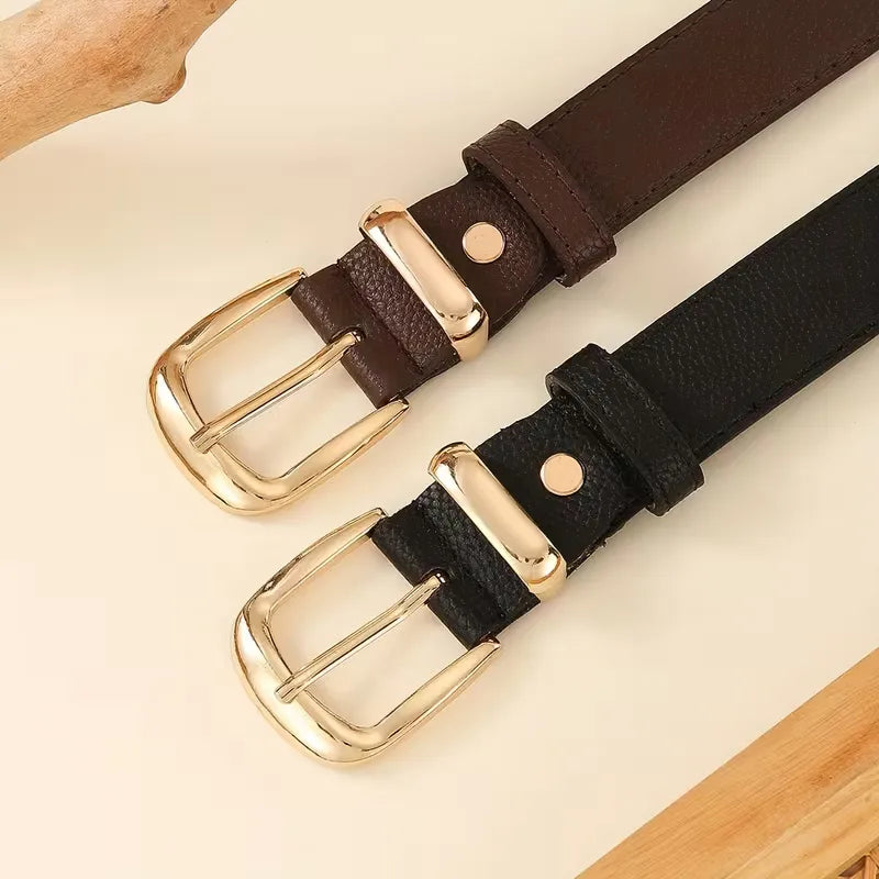 Women's Leather Belt with Gold-Tone Buckle and Lychee Texture