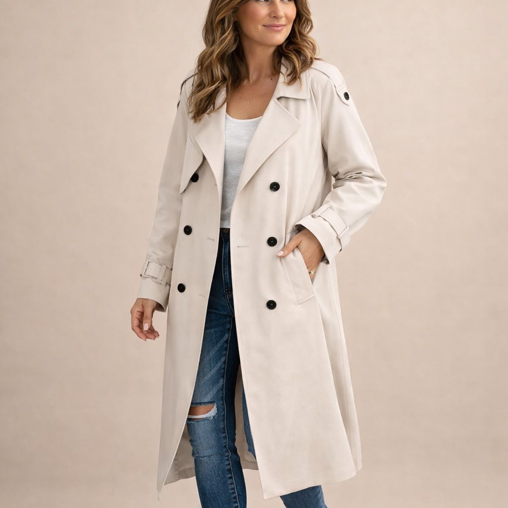 Women's Double-Breasted Trench Coat with Waist Belt and Fitted Silhouette