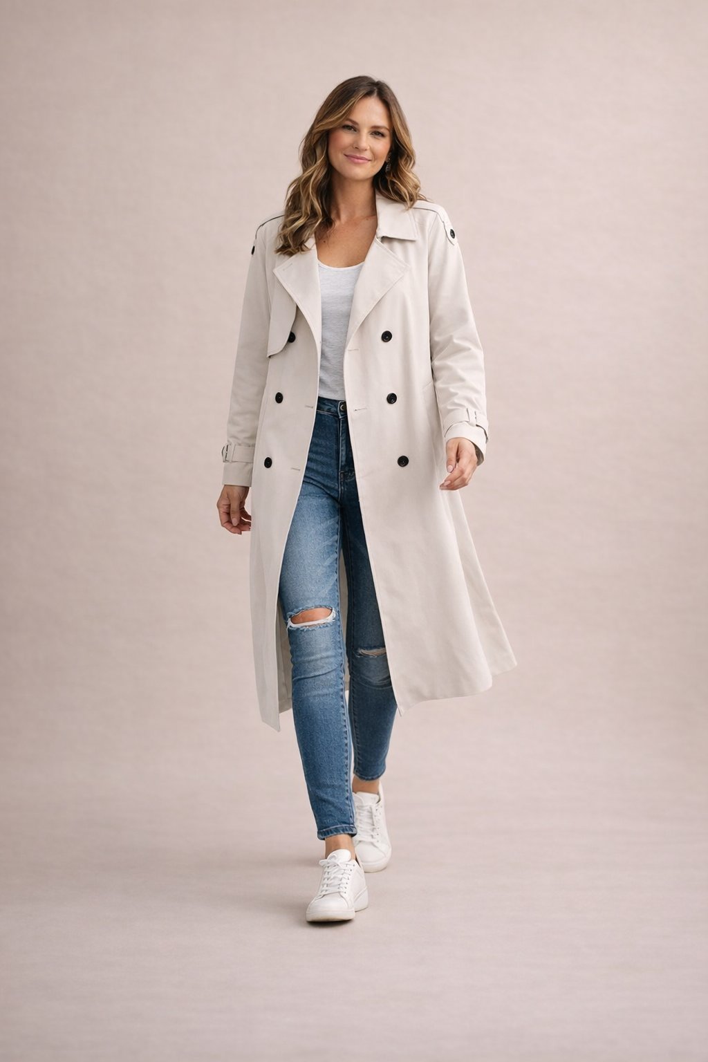 Women's Double-Breasted Trench Coat with Waist Belt and Fitted Silhouette