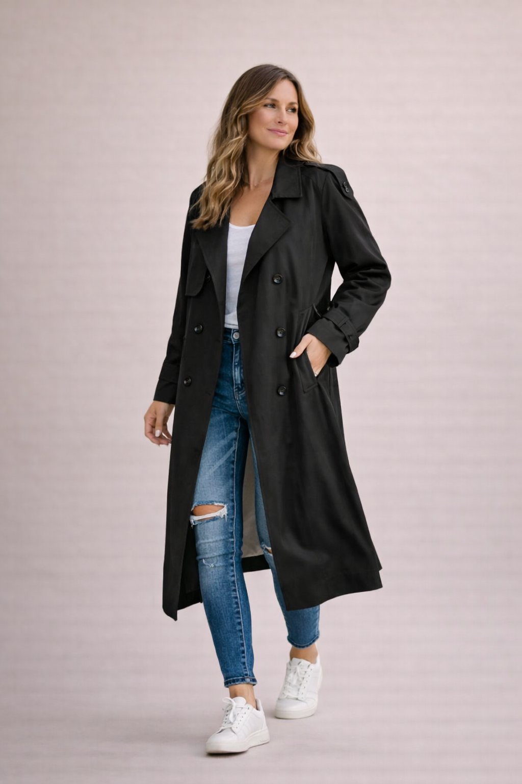 Women's Double-Breasted Trench Coat with Waist Belt and Fitted Silhouette