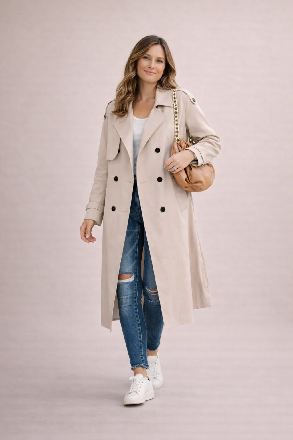 Women's Double-Breasted Trench Coat with Waist Belt and Fitted Silhouette