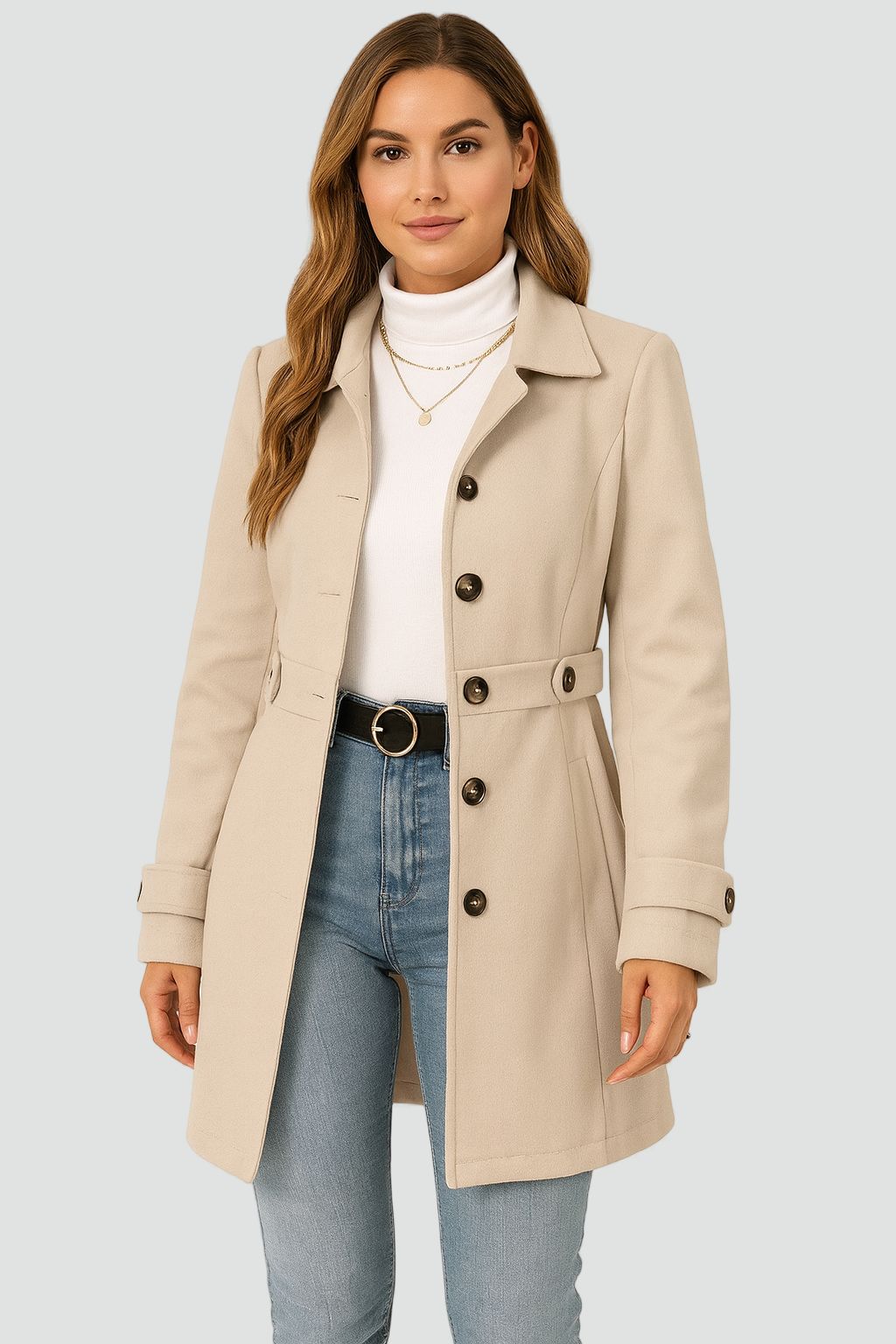 Women's Tailored Trench Coat with Adjustable Belt and Lapel Collar