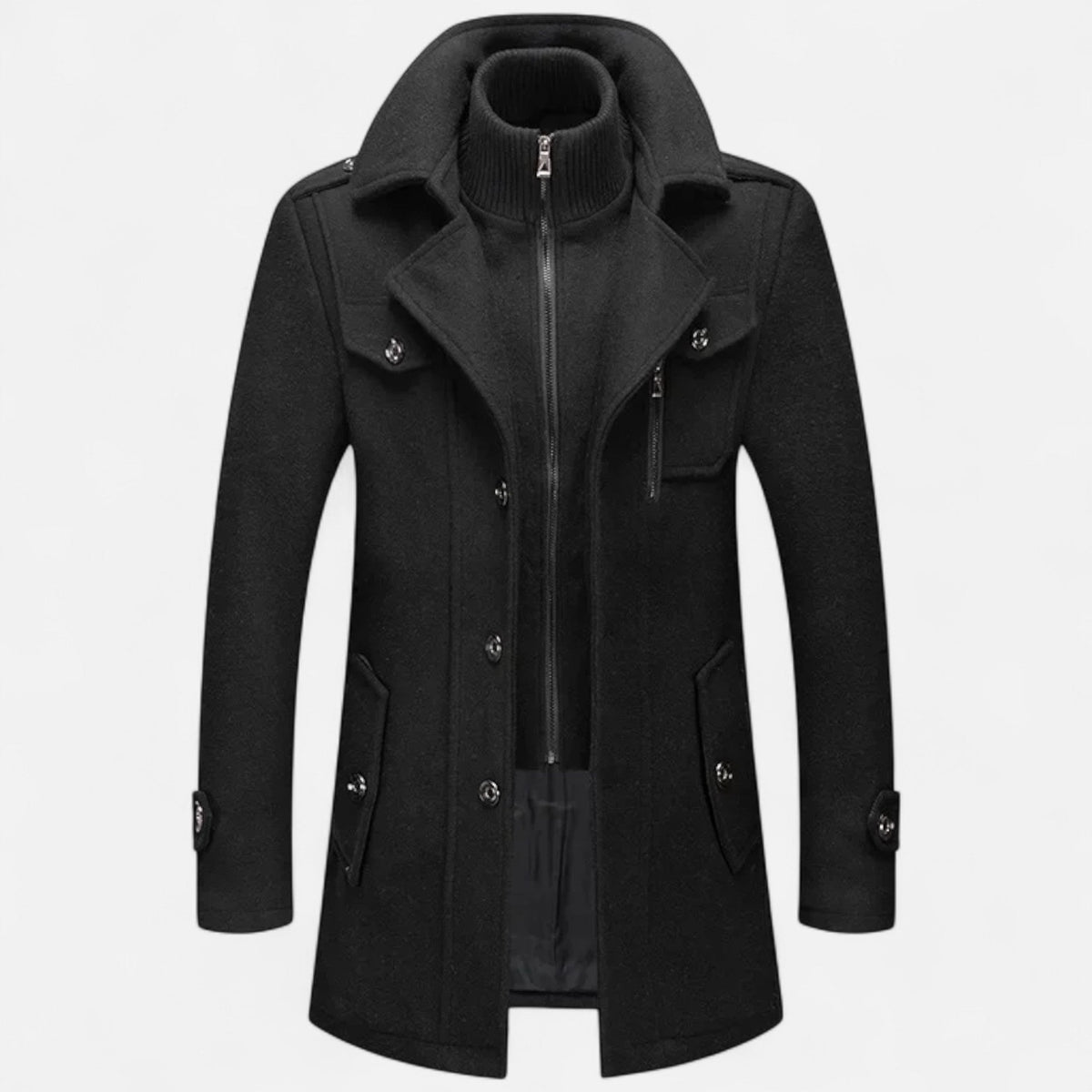 Men's Wool Blend Coat with Double Collar Fitted Cut and Functional Pockets
