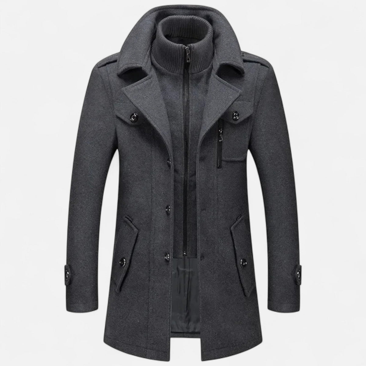 Men's Wool Blend Coat with Double Collar Fitted Cut and Functional Pockets