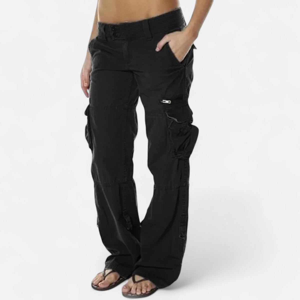 Women's Cargo Pants with Wide Straight Leg Pockets and Cotton Fabric