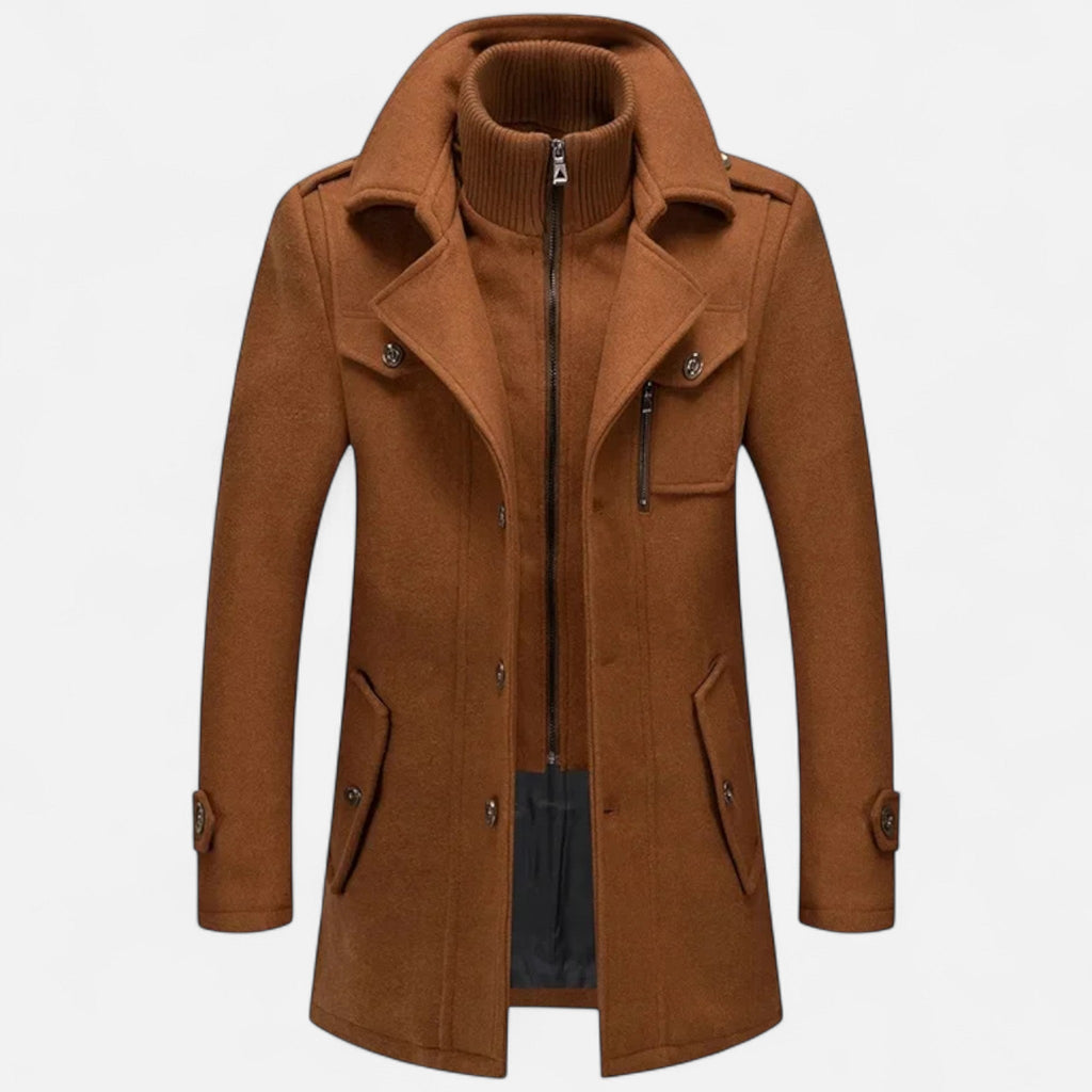 Men's Wool Blend Coat with Double Collar Fitted Cut and Functional Pockets