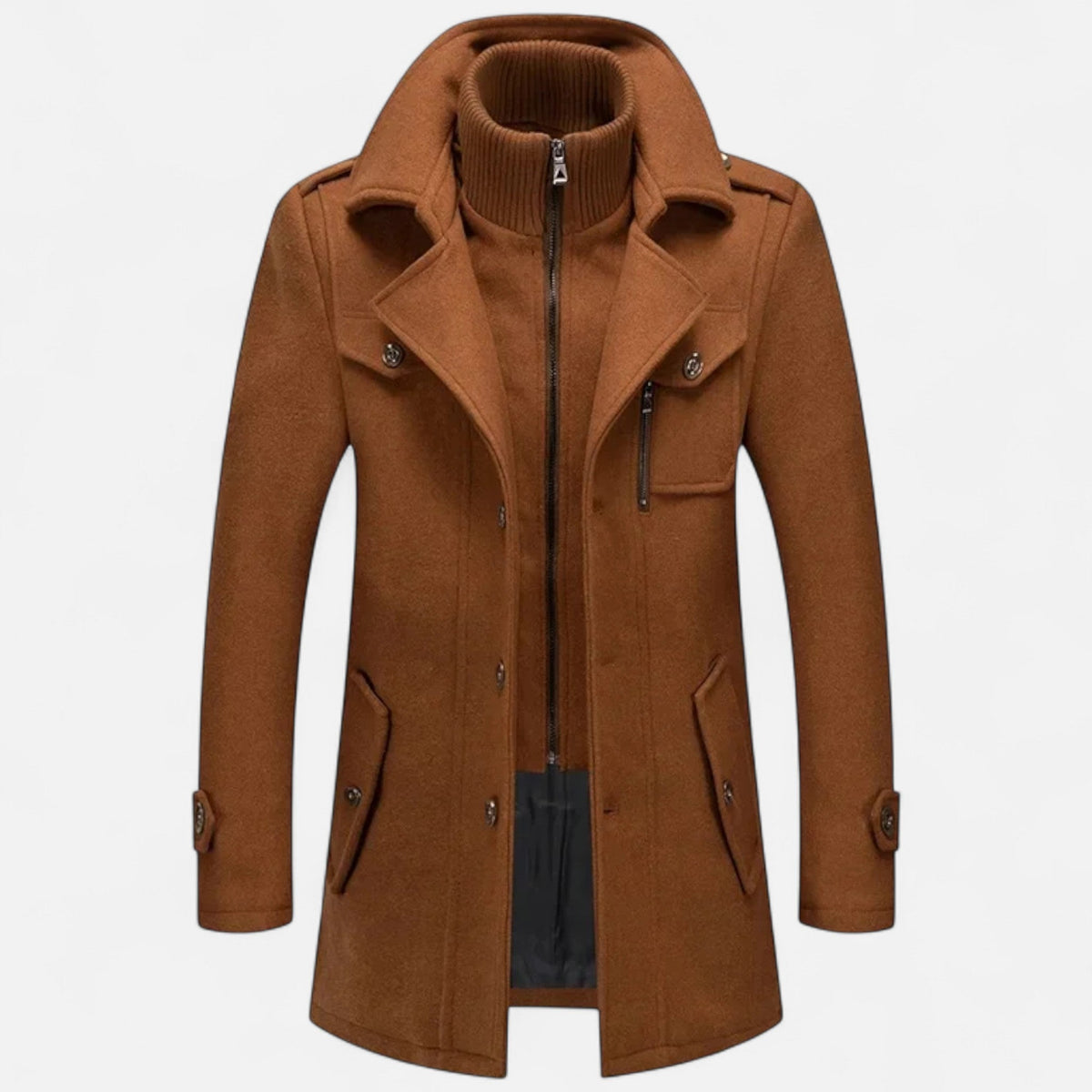 Men's Wool Blend Coat with Double Collar Fitted Cut and Functional Pockets