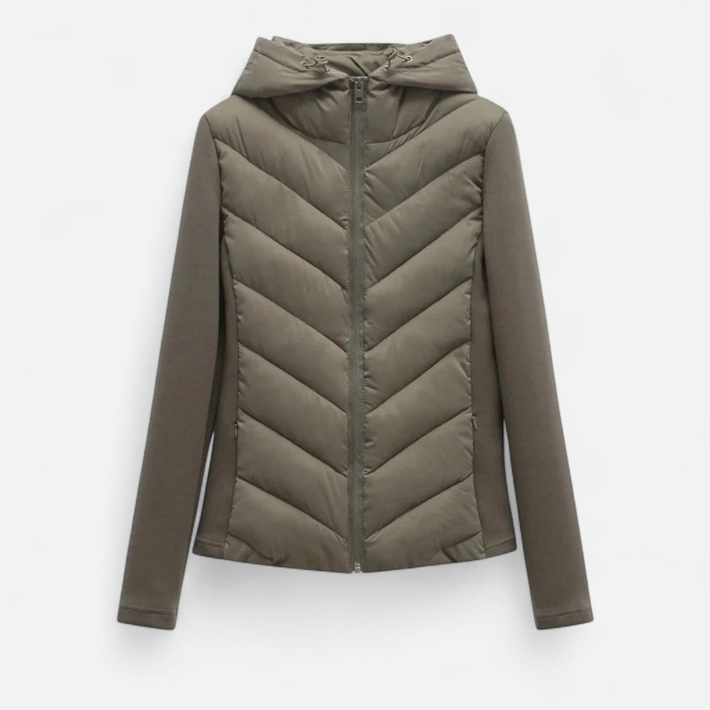 Women's Patchwork Puffer Jacket with Hood Long Cut and Soft Lining
