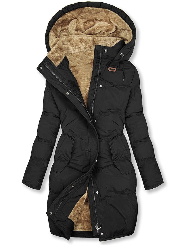 Women's Insulated Coat with Fleece Lining Drawstring Hood and Long Silhouette