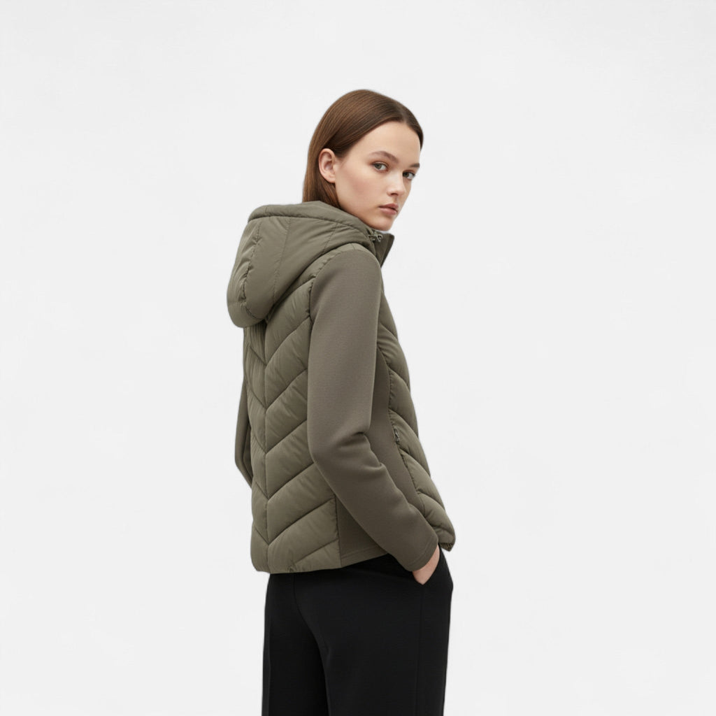 Women's Patchwork Puffer Jacket with Hood Long Cut and Soft Lining
