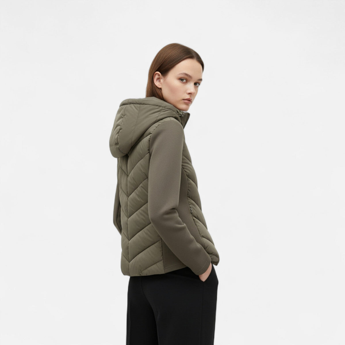 Women's Patchwork Puffer Jacket with Hood Long Cut and Soft Lining
