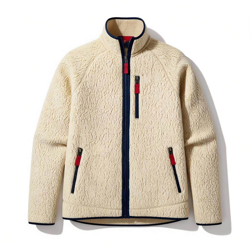 Men's Sherpa Fleece Jacket with High Collar and Front Zip Closure