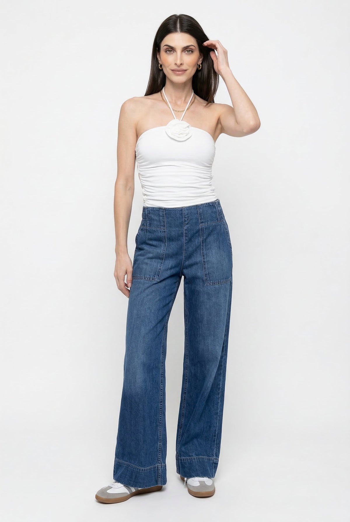 Women's High Waisted Wide Leg Cotton Jeans with Slight Stretch