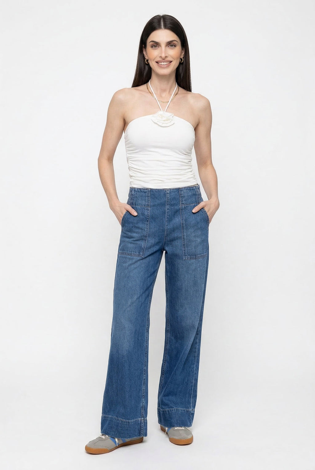 Women's High Waisted Wide Leg Cotton Jeans with Slight Stretch