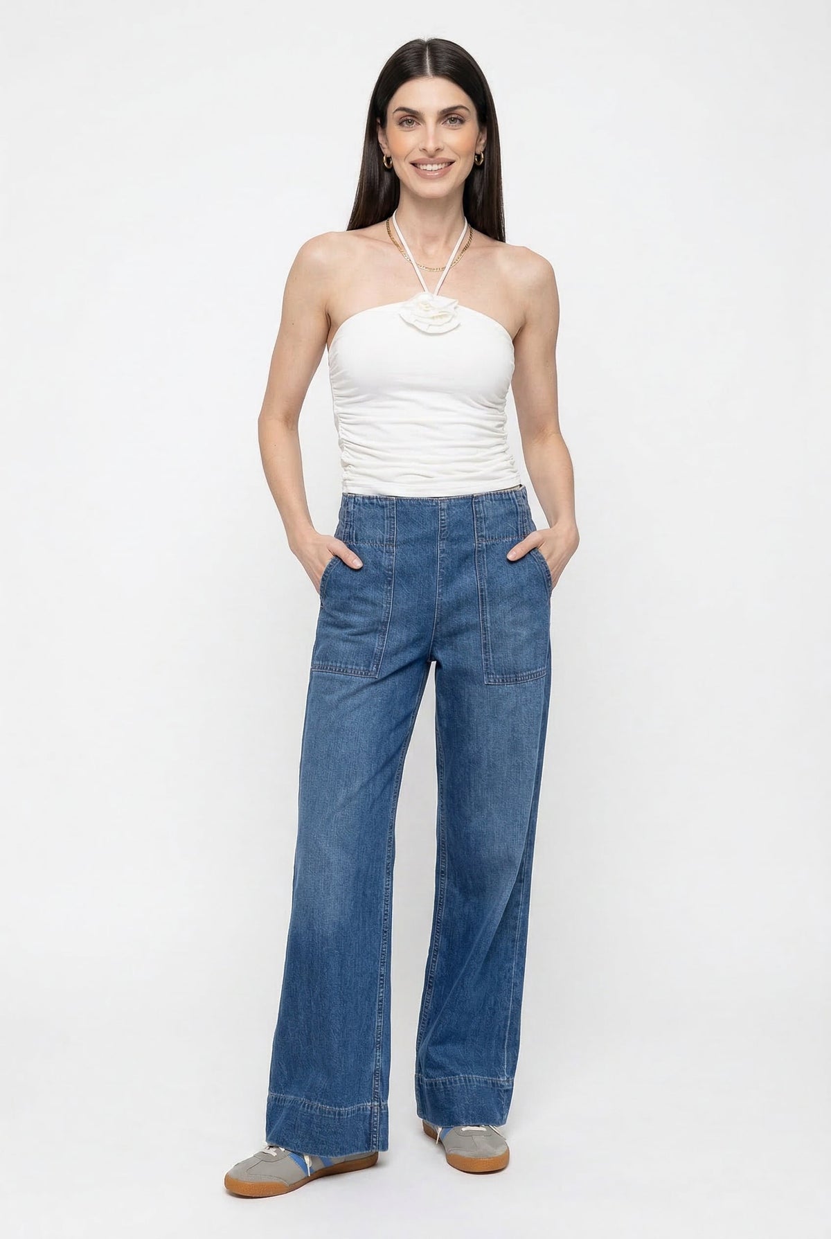 Women's High Waisted Wide Leg Cotton Jeans with Slight Stretch