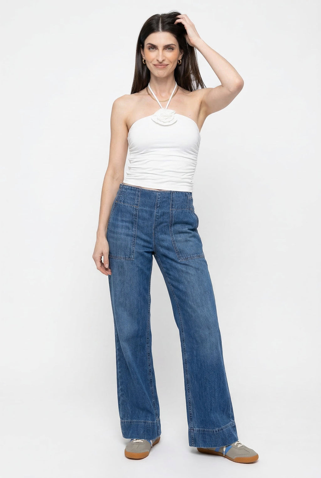 Women's High Waisted Wide Leg Cotton Jeans with Slight Stretch