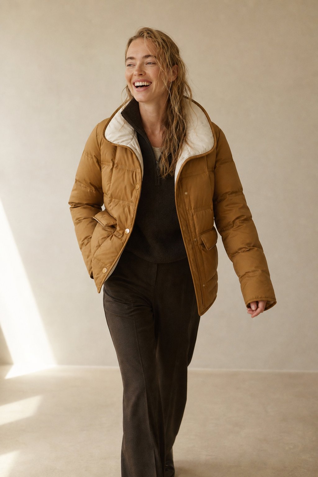 Women's Reversible Duck Down Puffer Jacket with Snap Closure