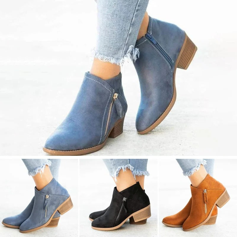 Women's Suede Ankle Boots with Side Zipper and Arch Support Insole