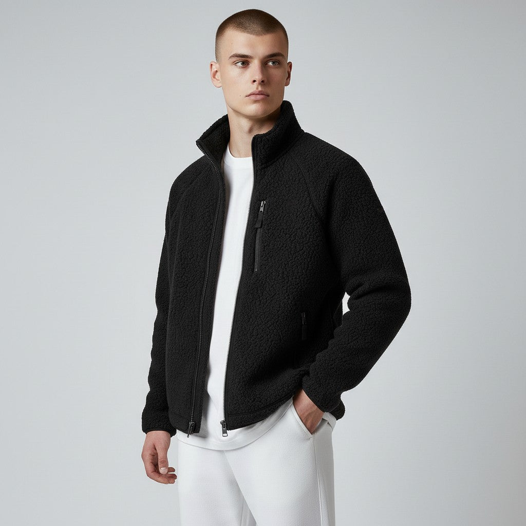 Men's Sherpa Fleece Jacket with High Collar and Front Zip Closure