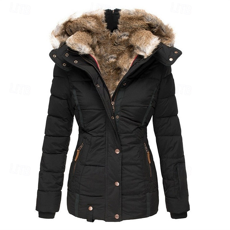 Women's Padded Hooded Jacket with Fur Trimmed Hood and Shaped Waist