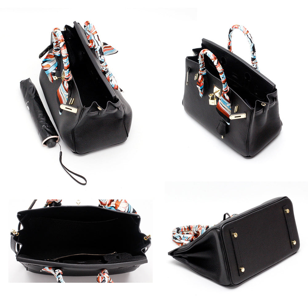 Women's Leather Handbag with Multiple Pockets and Twist Lock Closure