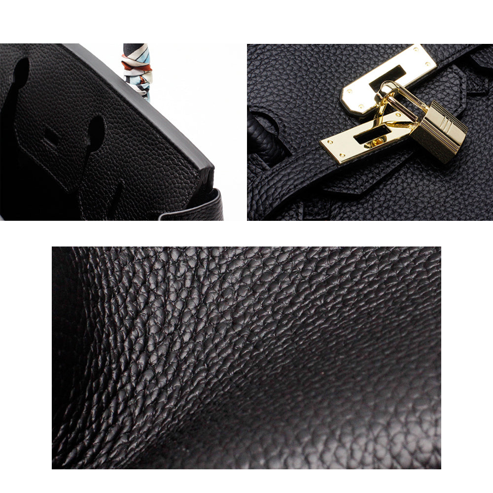 Women's Leather Handbag with Multiple Pockets and Twist Lock Closure