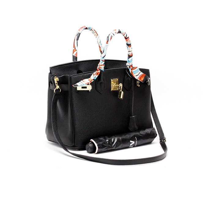 Women's Leather Handbag with Multiple Pockets and Twist Lock Closure
