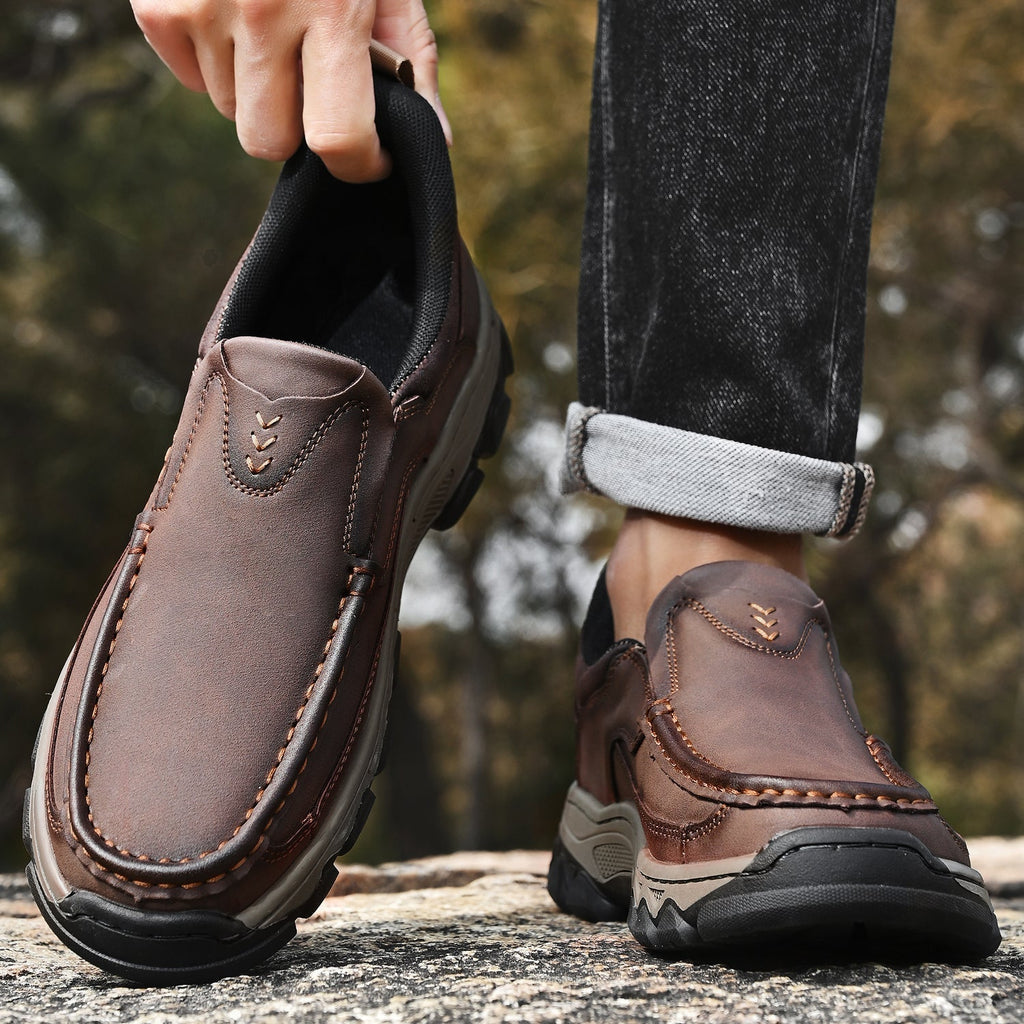 Men's Leather Slip On Walking Shoes with Cushioned Ergonomic Support