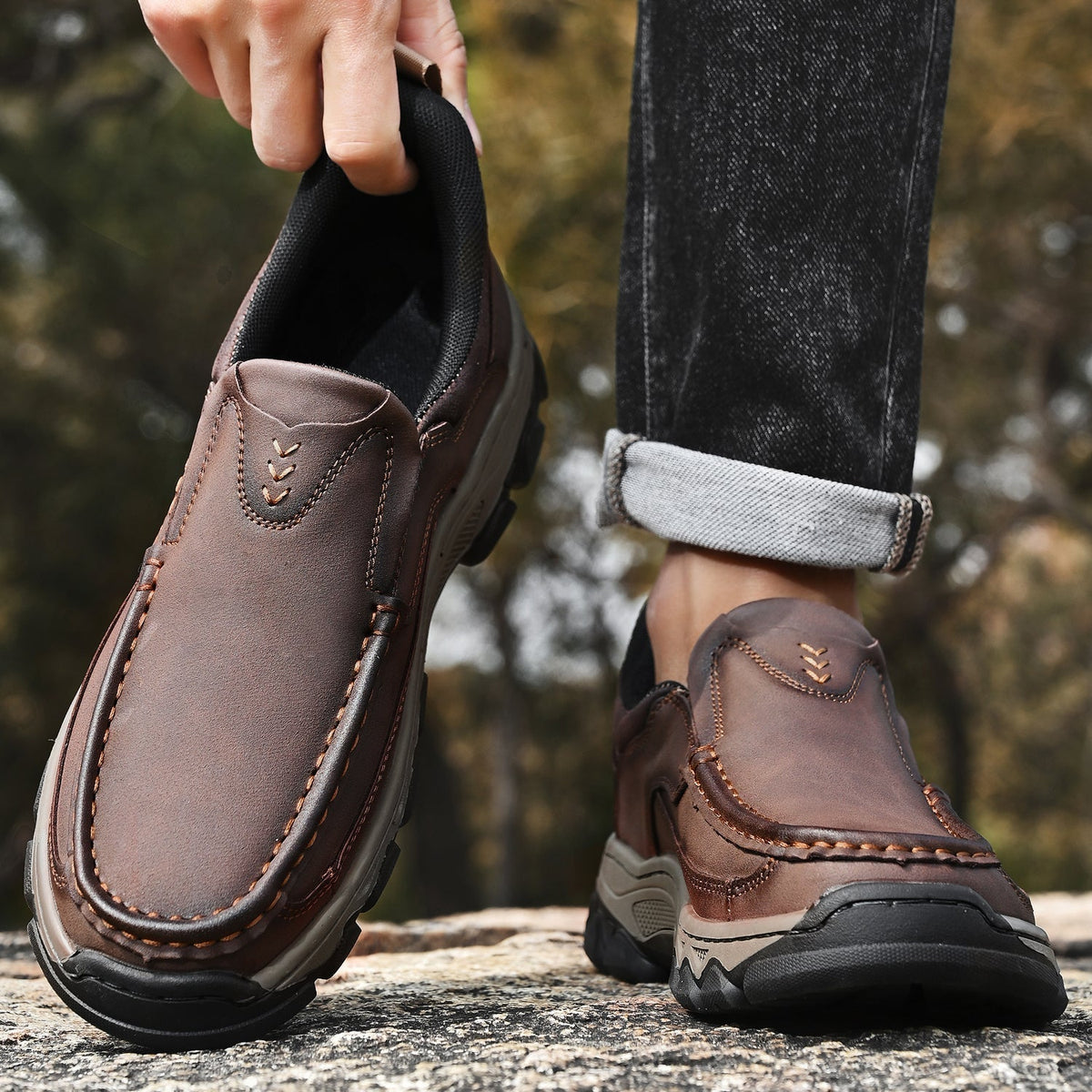 Men's Leather Slip On Walking Shoes with Cushioned Ergonomic Support