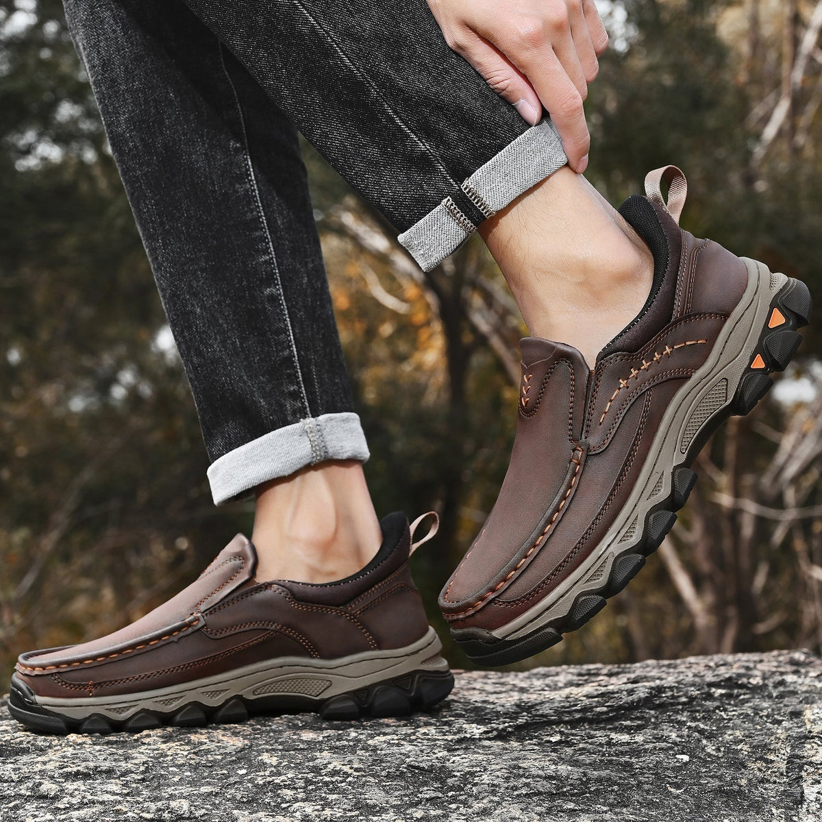 Men's Leather Slip On Walking Shoes with Cushioned Ergonomic Support