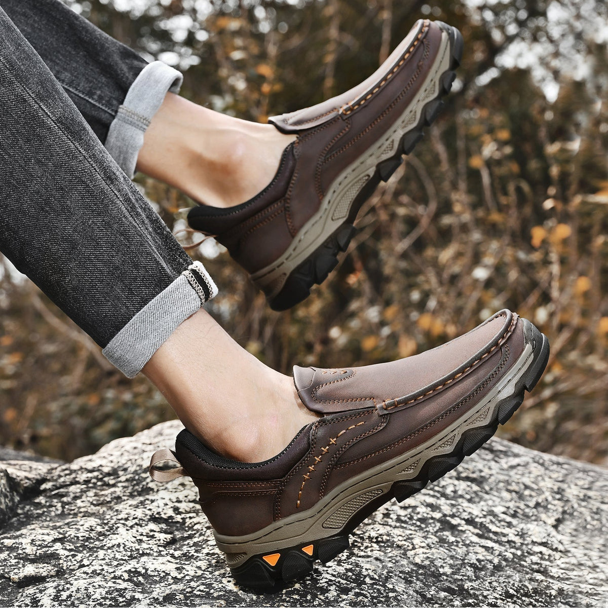 Men's Leather Slip On Walking Shoes with Cushioned Ergonomic Support