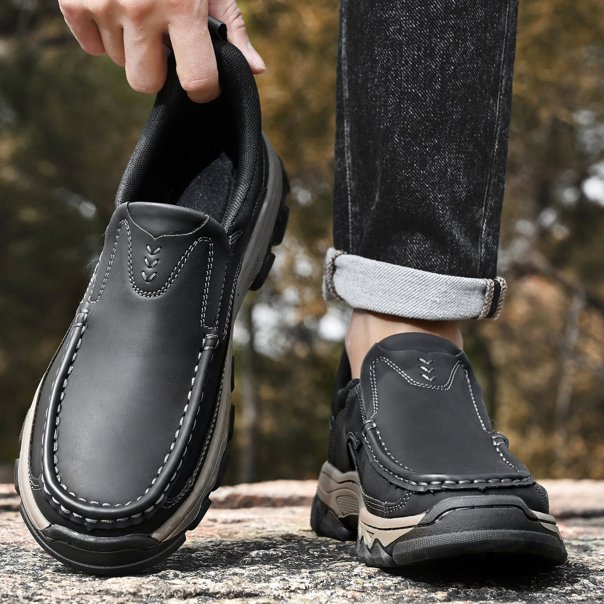Men's Leather Slip On Walking Shoes with Cushioned Ergonomic Support