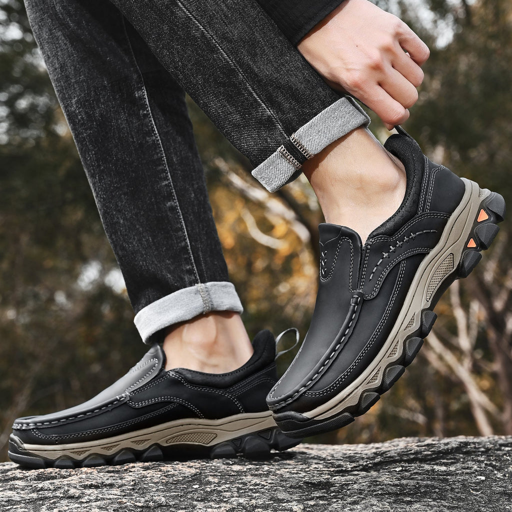 Men's Leather Slip On Walking Shoes with Cushioned Ergonomic Support