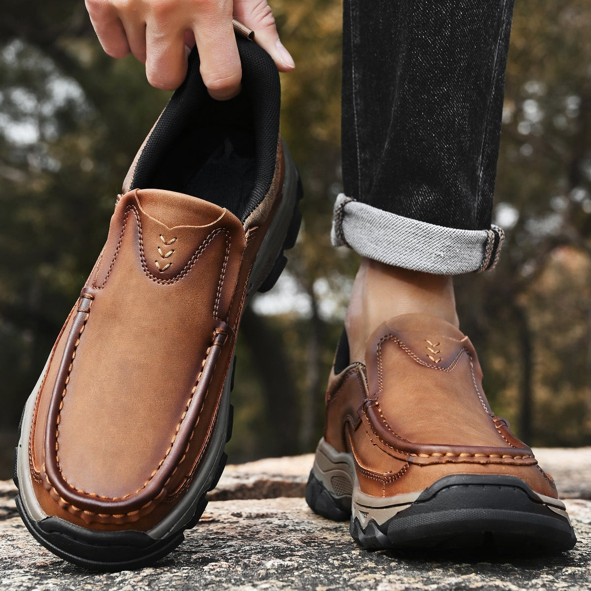 Men's Leather Slip On Walking Shoes with Cushioned Ergonomic Support