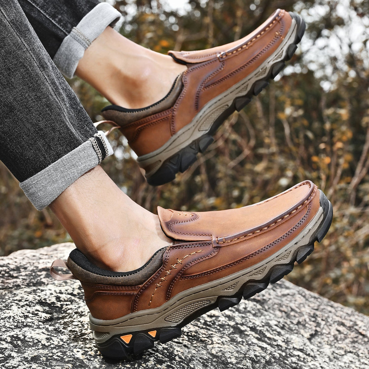 Men's Leather Slip On Walking Shoes with Cushioned Ergonomic Support