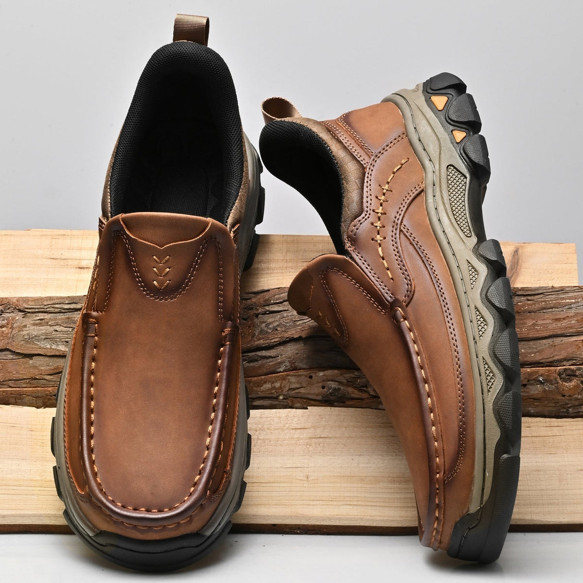 Men's Leather Slip On Walking Shoes with Cushioned Ergonomic Support
