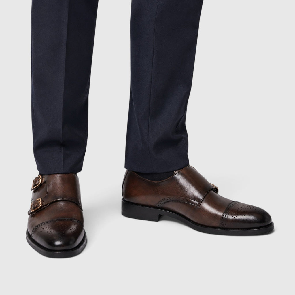 Men's Formal Shoes with Double Monk Strap Leather Look Upper and Tapered Toe