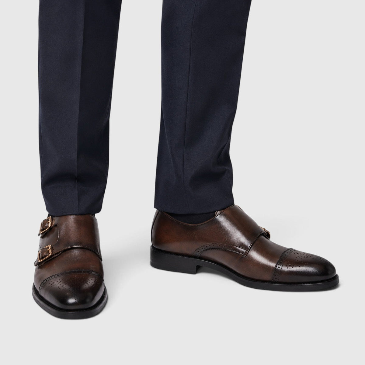 Men's Formal Shoes with Double Monk Strap Leather Look Upper and Tapered Toe