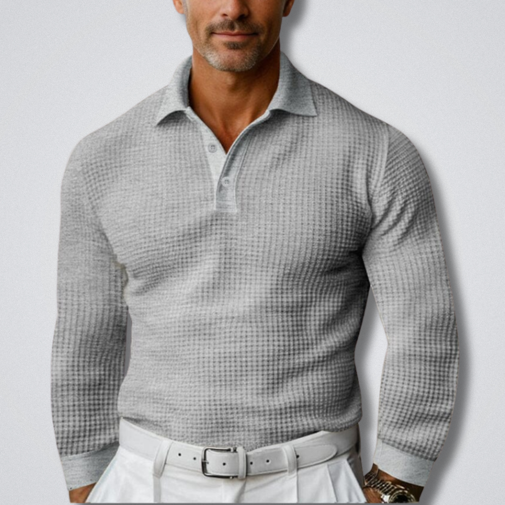 Men's Long Sleeve Polo Sweater with Classic Button Collar and Fitted Silhouette