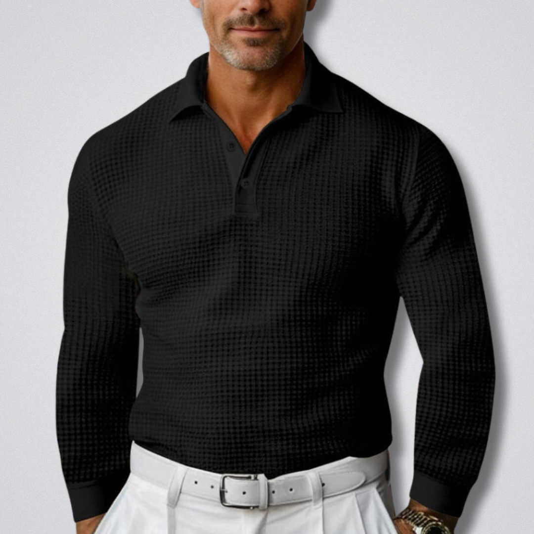 Langærmet polosweater til mænd med klassisk krave med knapper og figursyet silhuet