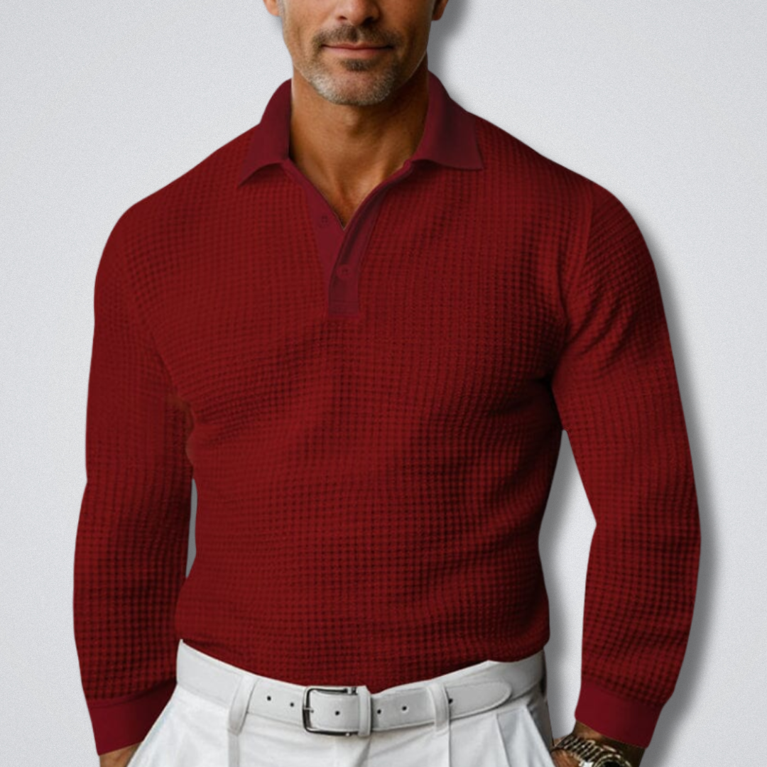 Langærmet polosweater til mænd med klassisk krave med knapper og figursyet silhuet
