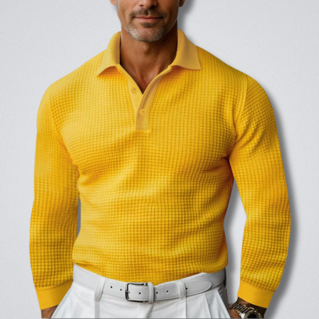 Langærmet polosweater til mænd med klassisk krave med knapper og figursyet silhuet