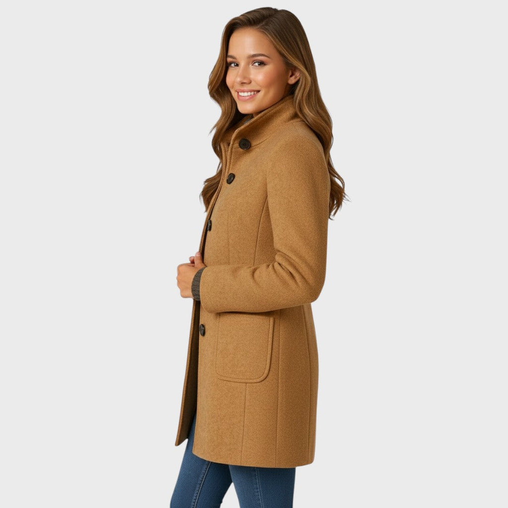Women's Wool Blend Coat with Structured Collar and Button Closure