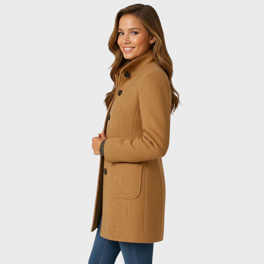 Women's Wool Blend Coat with Structured Collar and Button Closure