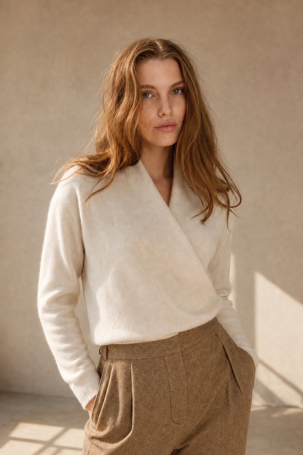 Women's V-Neck Cashmere Knit Sweater with Long Sleeves for Layering