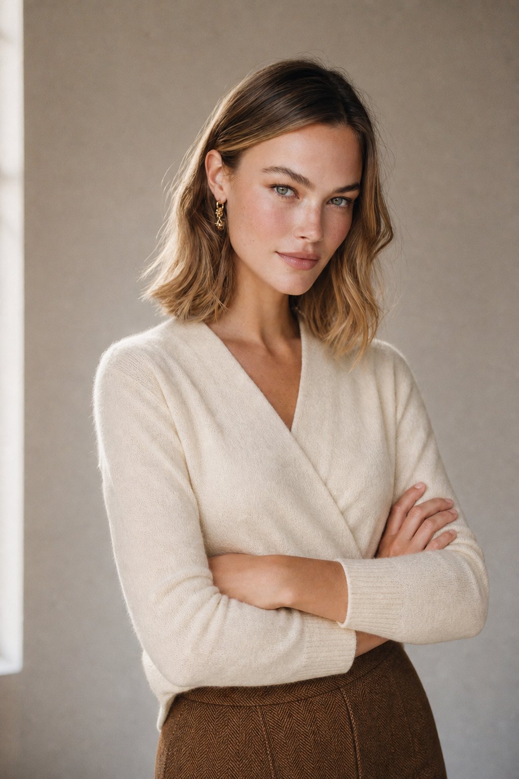 Women's V-Neck Cashmere Knit Sweater with Long Sleeves for Layering