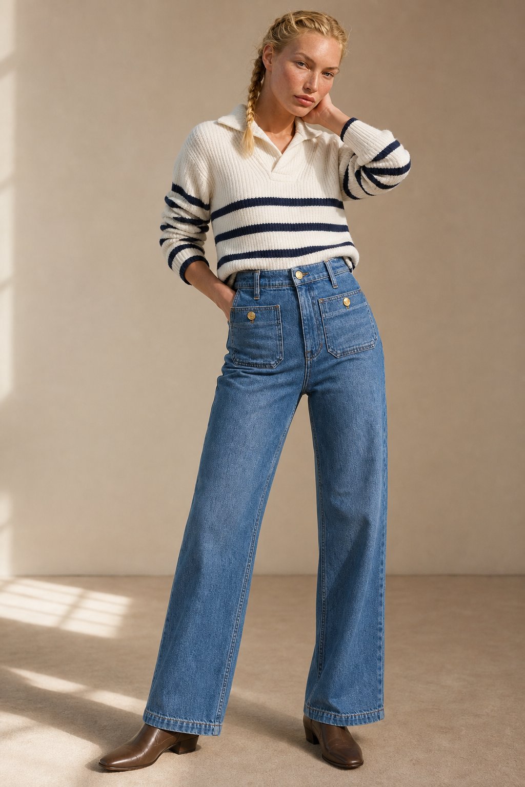 Jeans til kvinder med høj talje, brede ben, stretch og forlommer