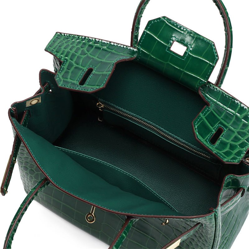 Women's Leather Handbag with Multiple Pockets and Twist Lock Closure